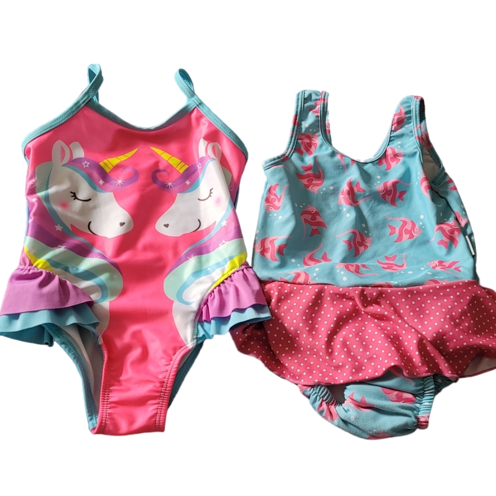 Iplay Wonder Nation 2T Toddler Girl Swimsuit Lot Unicorn One Pc Reusable Diaper
